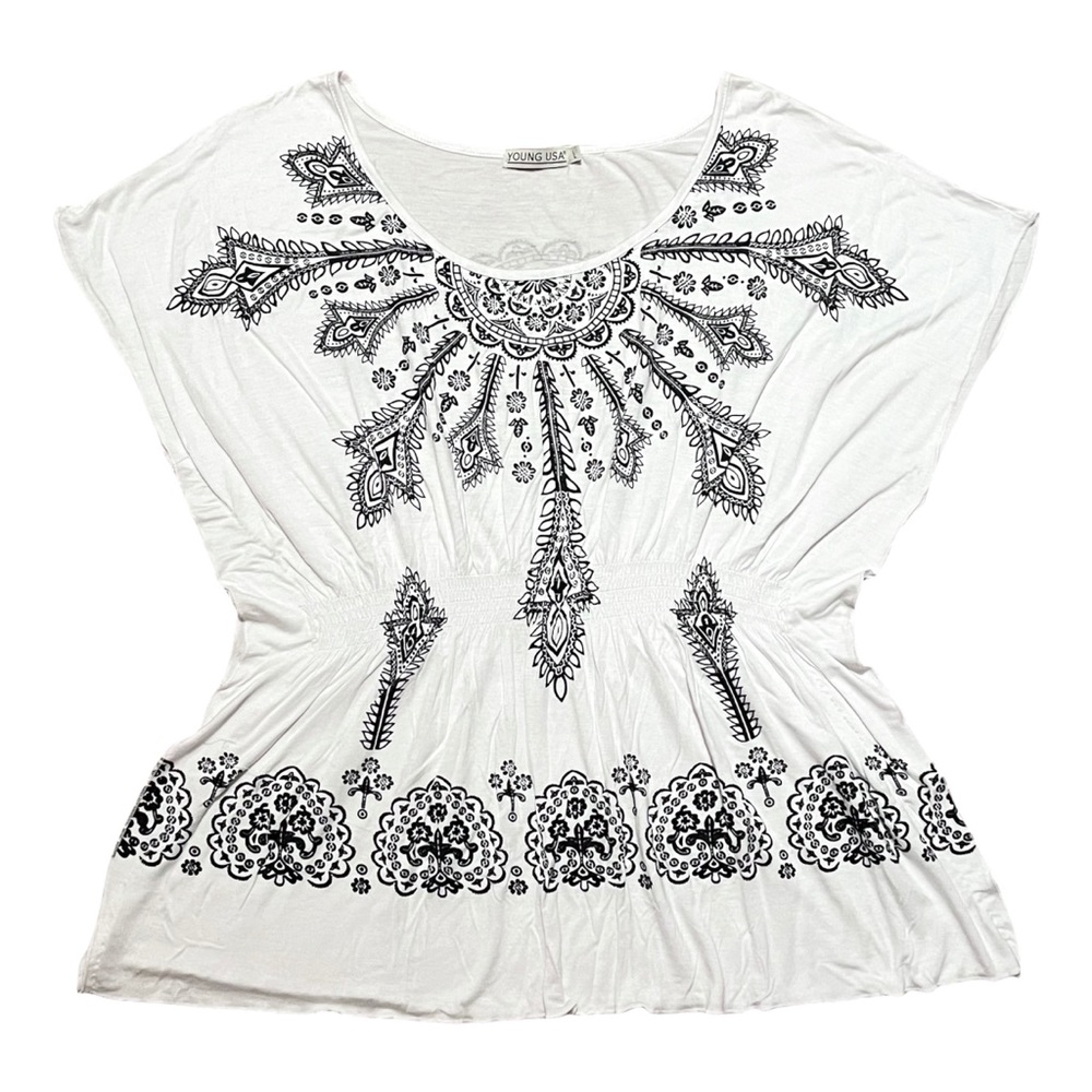 Young USA White Flowy & Drapy Boho Babydoll Top size Large